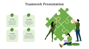 Teamwork slide with four numbered stages and illustrations of people assembling a green puzzle on the right.