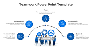 Teamwork template featuring blue icons for trust, collaboration, accountability, support, and communication.
