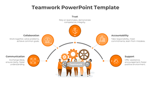 A vibrant teamwork slide illustrating five key concepts featuring an image of diverse team members holding a banner.