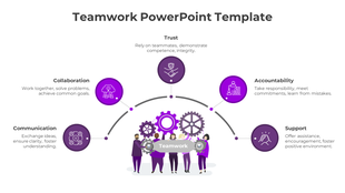 Slide with a central illustration of people holding gears, surrounded by five teamwork principles in purple circles.