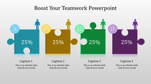 Teamwork themed showing four puzzle pieces in blue, gold, green, and purple, each labeled and marked with percentages.