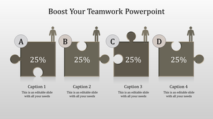 Puzzle themed teamwork graphic with four connected gray pieces, icons of people on top, and text placeholders below.