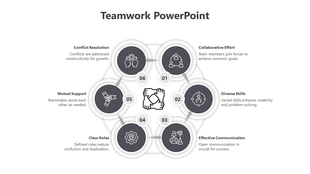 Teamwork PowerPoint template with six gray interconnected steps from conflict resolution to collaborative effort with icons.
