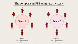 Comparison slide with two circular groups labeled Team 1 and Team 2, surrounded by red and pink human icons.