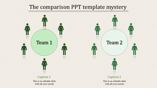 Comparison PPT slide showing team 1 and team 2 with surrounding icons and captions.
