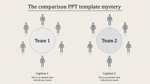 Gray themed comparison template with Team 1 and Team 2 circles encircled by human silhouette icons.