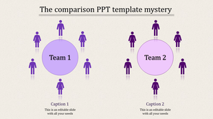 Comparison infographic with two teams represented by circles and human icons, in varying shades of purple.