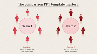 Comparison PowerPoint template displaying Team 1 and 2 with corresponding icons of people in red circles with captions.