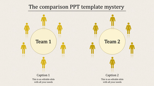 Yellow themed comparison template with Team 1 and Team 2 circles encircled by human silhouette icons.