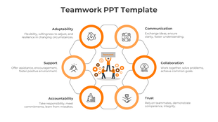 Teamwork infographic with six orange outlined circles and black icons arranged in a hexagonal pattern.