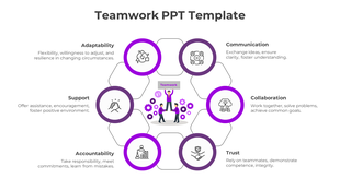 Teamwork slide featuring a central illustration surrounded by six labeled hexagonal and circular nodes with purple outlines.