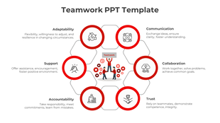 Teamwork PowerPoint template with six sections from adaptability to communication with red icons and descriptions.