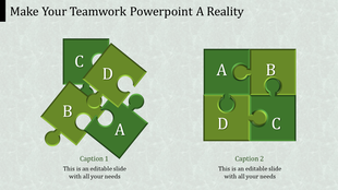 Teamwork concept slide with puzzle pieces labeled A, B, C, and D coming together with two captions.