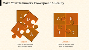 Teamwork graphic with jumbled puzzle pieces on the left and completed puzzle on the right labelled from a to d.