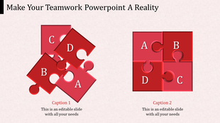 Teamwork PPT slide showing two red puzzle pieces with labeled sections, symbolizing collaboration and unity in teamwork.