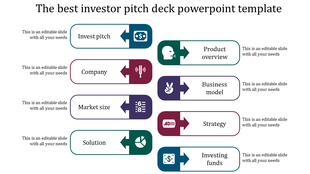 Investor pitch process slide with alternating colored rectangles and arrows, highlighting eight key steps.