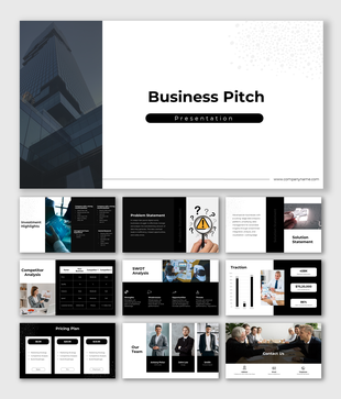 Business pitch deck with 16 slides featuring problem statements, SWOT analysis, and pricing plans.