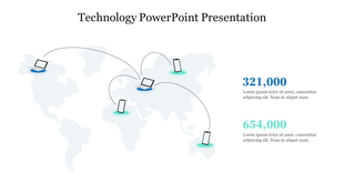 Technology PPT slide with a world map showing laptops and mobile phones connected by dotted lines, with statistics.