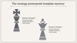 Strategy template with a king and queen chess piece in dark gray, paired with text descriptions, and a lined border.