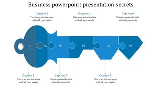 Template with a blue symbolic key, divided into six interlocking puzzle pieces, representing business strategy steps.