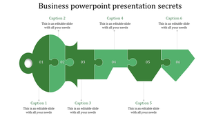 Business PPT presentation template is shaped like a key in green, with sections numbered from 01 to 06 for content.