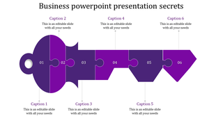 Business PPT presentation template is shaped like a key in purple, with sections numbered from 01 to 06 for content.