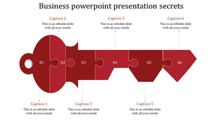 Key shaped diagram for business secrets with six numbered interlocking puzzle pieces and descriptive captions.