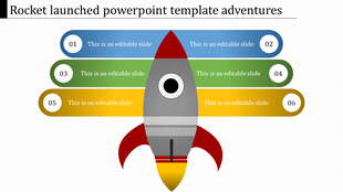 Illustration of a rocket with colorful horizontal bands in blue, green, and yellow, each with a number and text areas.