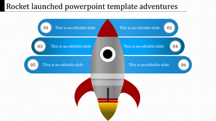 Infographic featuring a red and silver rocket with six numbered steps in gradient blue banners on both sides.