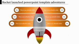 Slide with a central rocket illustration and six horizontal orange banners containing numbered circles and text.