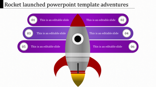 Rocket-shaped infographic with three rows of purple bars, each featuring numbered circular icons and caption areas.