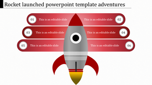 Red themed rocket launch PowerPoint template with six sections for content, labeled 01 to 06.
