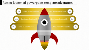 Vertical rocket illustration with six gray rounded banners with caption areas numbered from 01 to 06 on both sides.