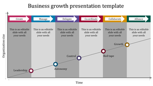 A business growth chart with six colored arrows at the top and a rising line graph, tracking growth over time.