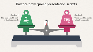Balance themed PPT slide with a scale, featuring a green icon on one side and a red icon on the other, showcasing captions.