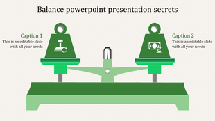 Green balance scale illustration for a PowerPoint presentation with icons for productivity and finance with captions.