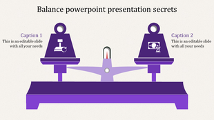 Purple balance scale infographic with two weighted sides, each labeled with icons and captions on a neutral background.