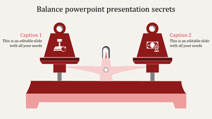Red balance scale illustration for a PowerPoint presentation with icons for productivity and finance with captions.