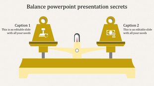 Gray balance scale illustration with two weights featuring productivity and finance symbols placed in a white background.