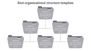An organizational structure PPT template displaying six grey folders with space for titles and text.
