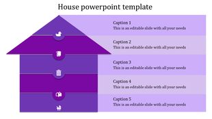 A purple house shaped PPT template with different sections, each labeled with captions and icons.