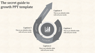 A PowerPoint template for growth, featuring a grey circular flow chart with four stages with placeholder text.