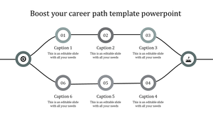Grey themed career path slide showing six connected nodes in a zigzag format, representing sequential steps.