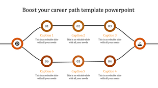 Career progression slide template showing six numbered points, each with a descriptive caption and icons for target and flag.