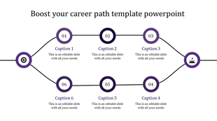 Career path flowchart with six numbered purple circles linked in a horizontal layout, featuring placeholder text.