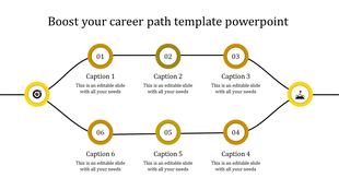Career path template with numbered circles and captions to outline steps and stages.