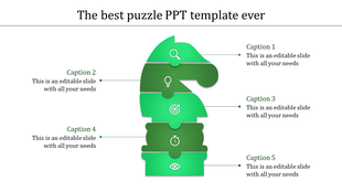 Visually structured puzzle infographic in the shape of a chess knight, with five green layers, featuring icons and text.