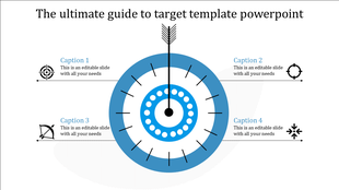 Target-themed infographic with an arrow surrounded by four descriptive captions and icons representing focus and goals.
