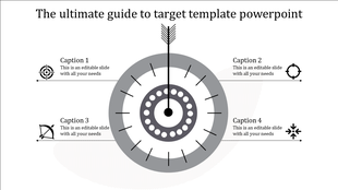 Black and white slide with a target diagram, an arrow in the center, and four caption areas with directional icons.