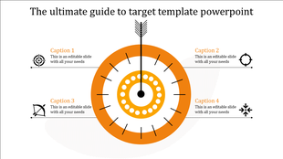 A target themed PPT slide with an orange central target design, and arrows pointing to four key icons with caption areas.